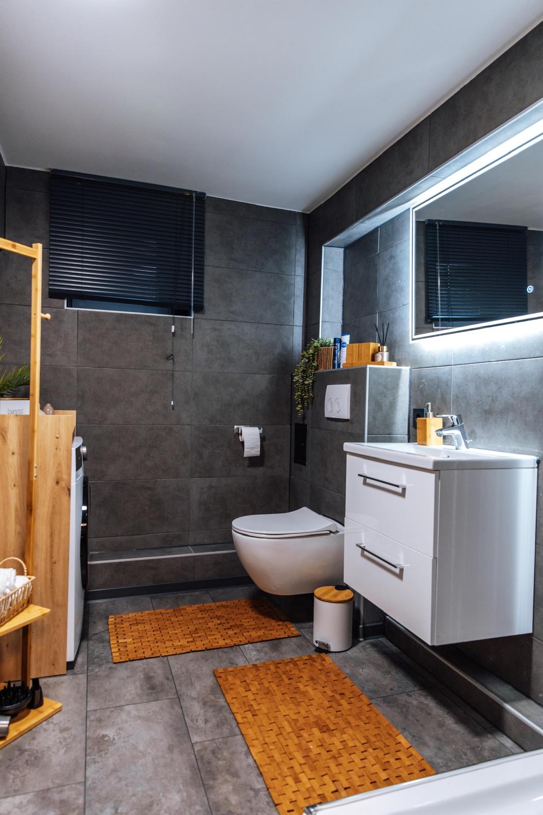 Waschplatz, WC und Dusche im grauen Bad